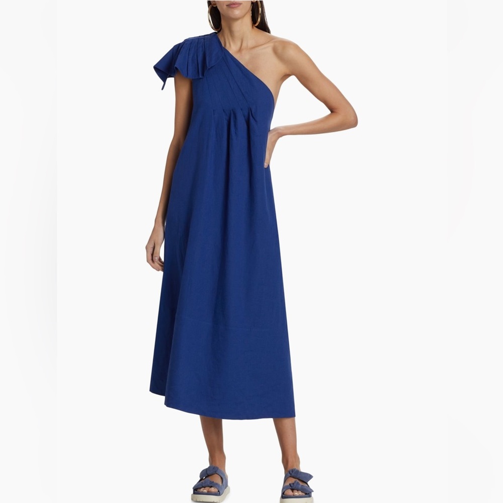 Farm Rio Linen Blend Leaf One-Shoulder Midi Dress. Size S. MSRP $285